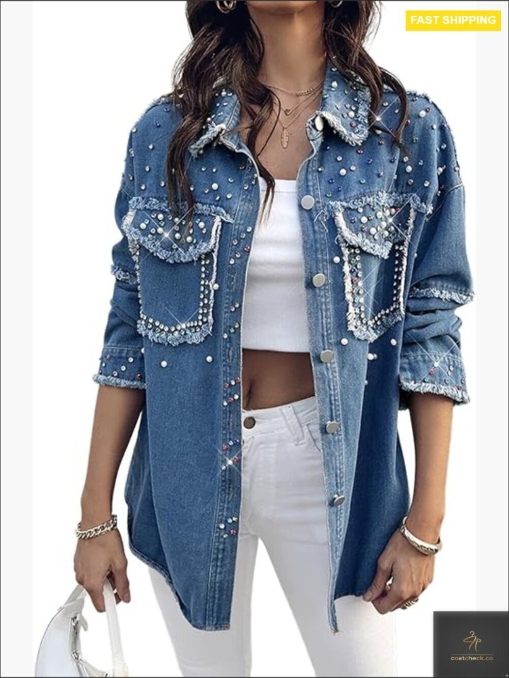 Embellished Denim Jacket Distressed Studs Classic Fit Y2K Chic Statement Piece